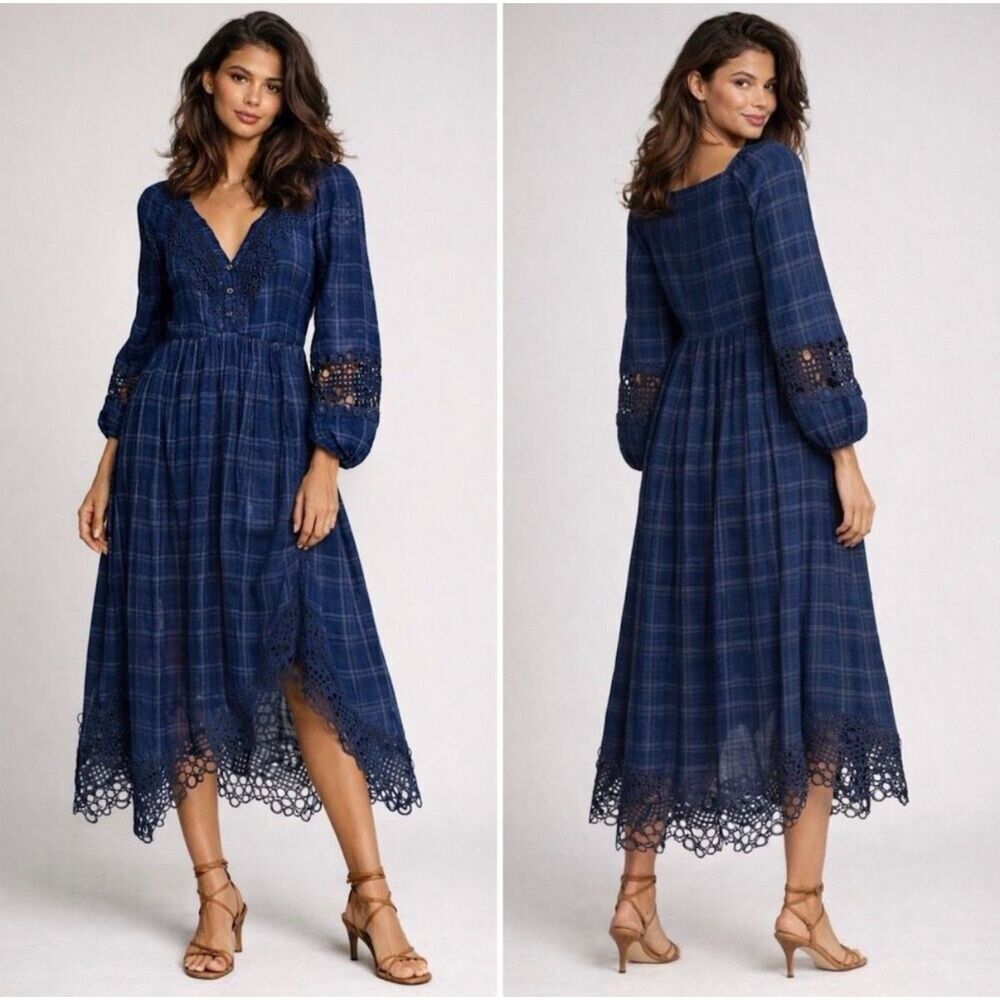 Anthropologie Akemi + Kin Plaid Midi Dress Size 4 Blue Crochet Lace Trim Boho